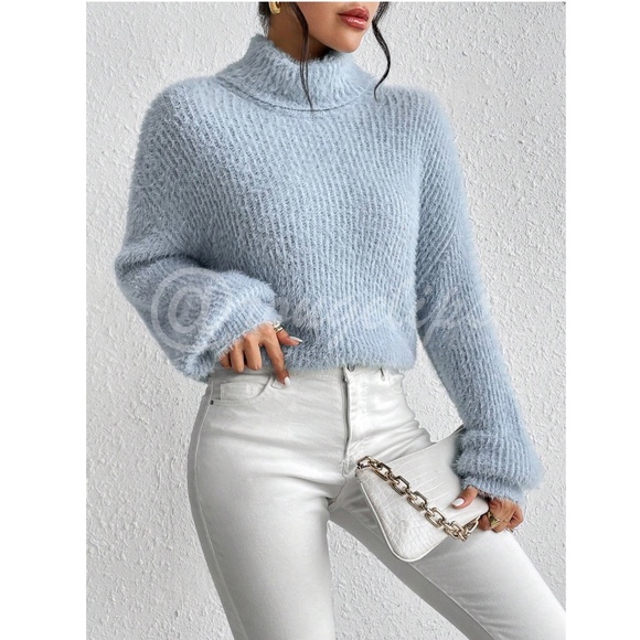 Light Blue Soft Fuzzy Turtleneck Pullover Sweater Long Sleeve - Picture 2 of 9
